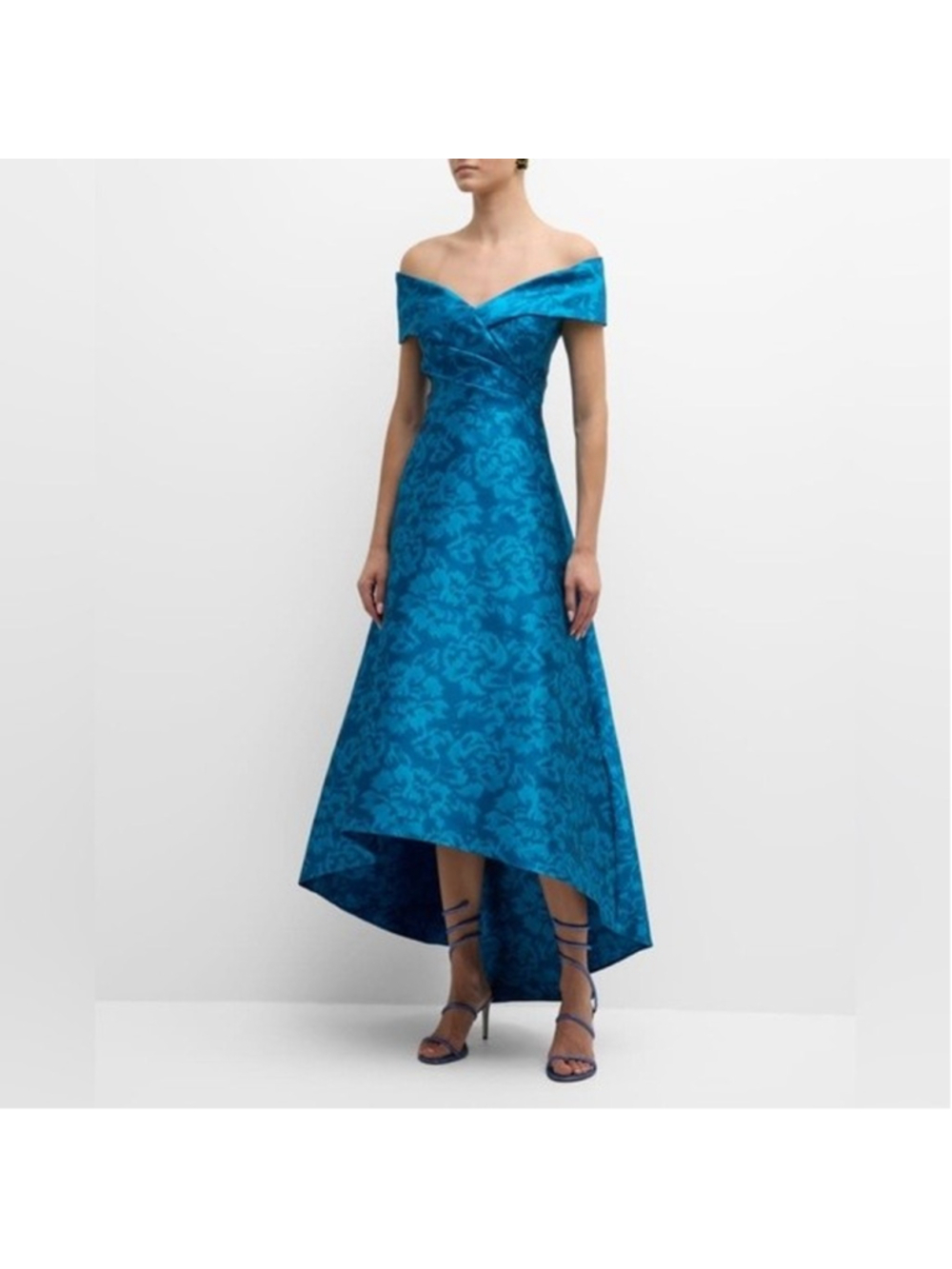 Teri Jon Dress Womens 6 Blue Floral Jacquard Off Shoulder Hi Low Gown Formal